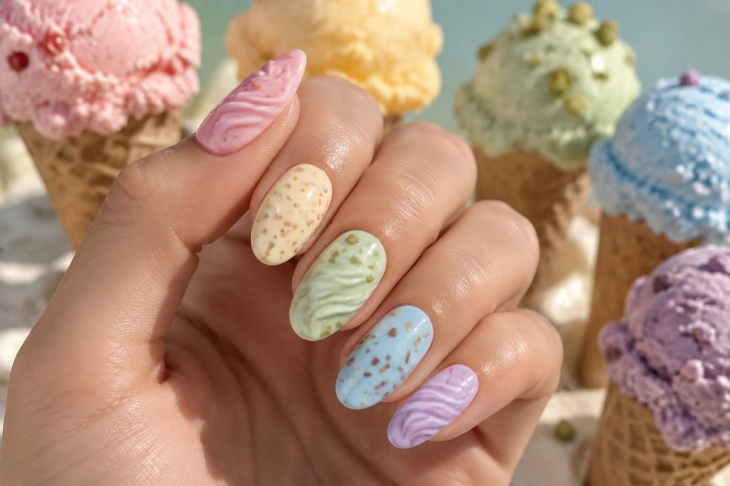 craquez pour les ice cream nails, la tendance gourmande qui invite les couleurs pastel et les motifs glacés sur vos ongles.